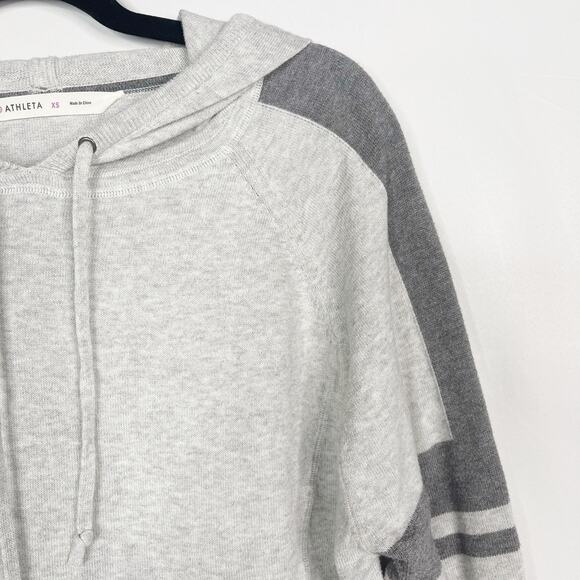 Athleta XSmall XS Gray Rally Sweater Hooded Striped Sleeve Cotton Blend Pullover - Picture 3 of 8